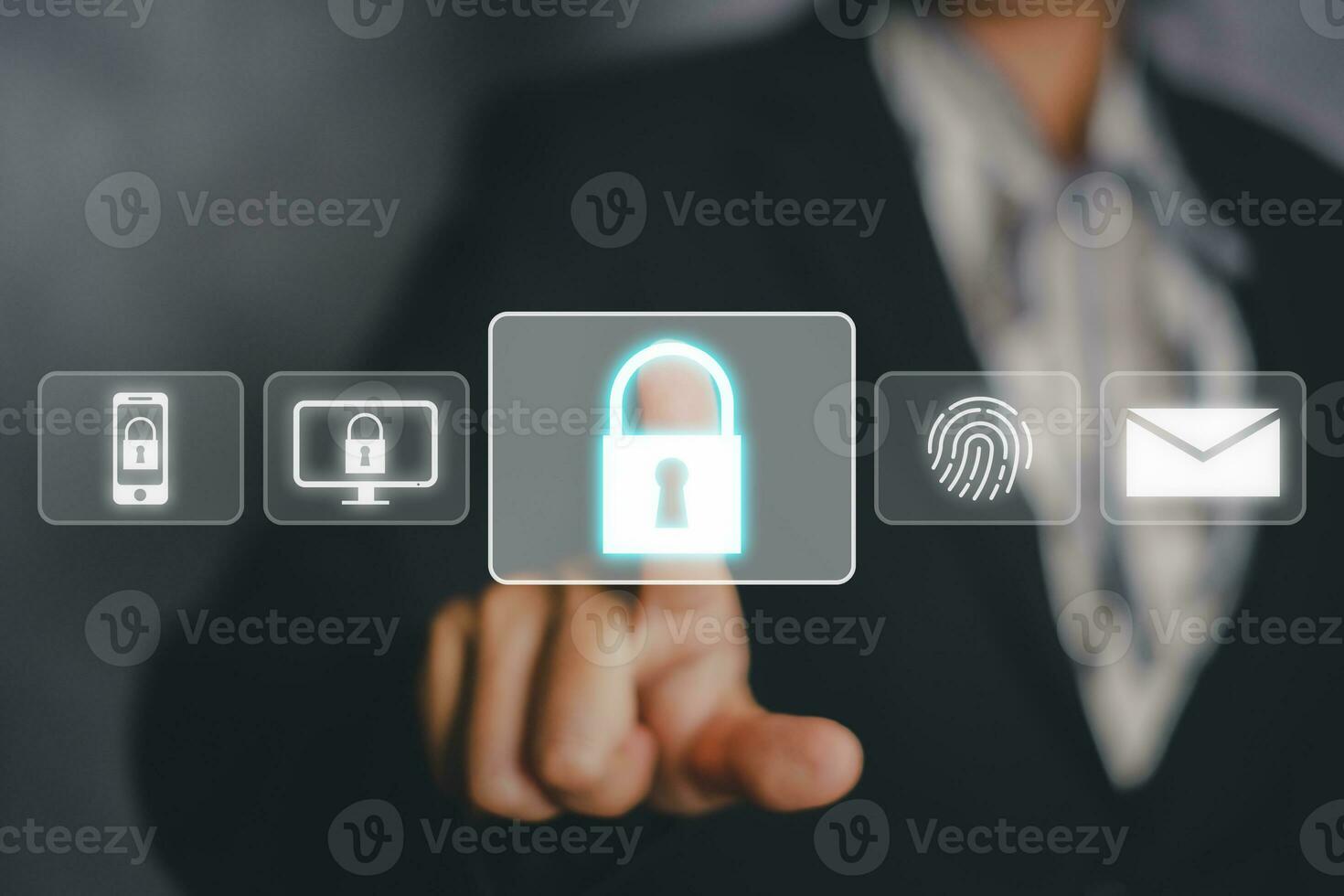 Cyber security, digital crime concept, Person touching on VR screen padlock icon, cybersecurity expert working on secure access internet to protect server against cybercrime. photo