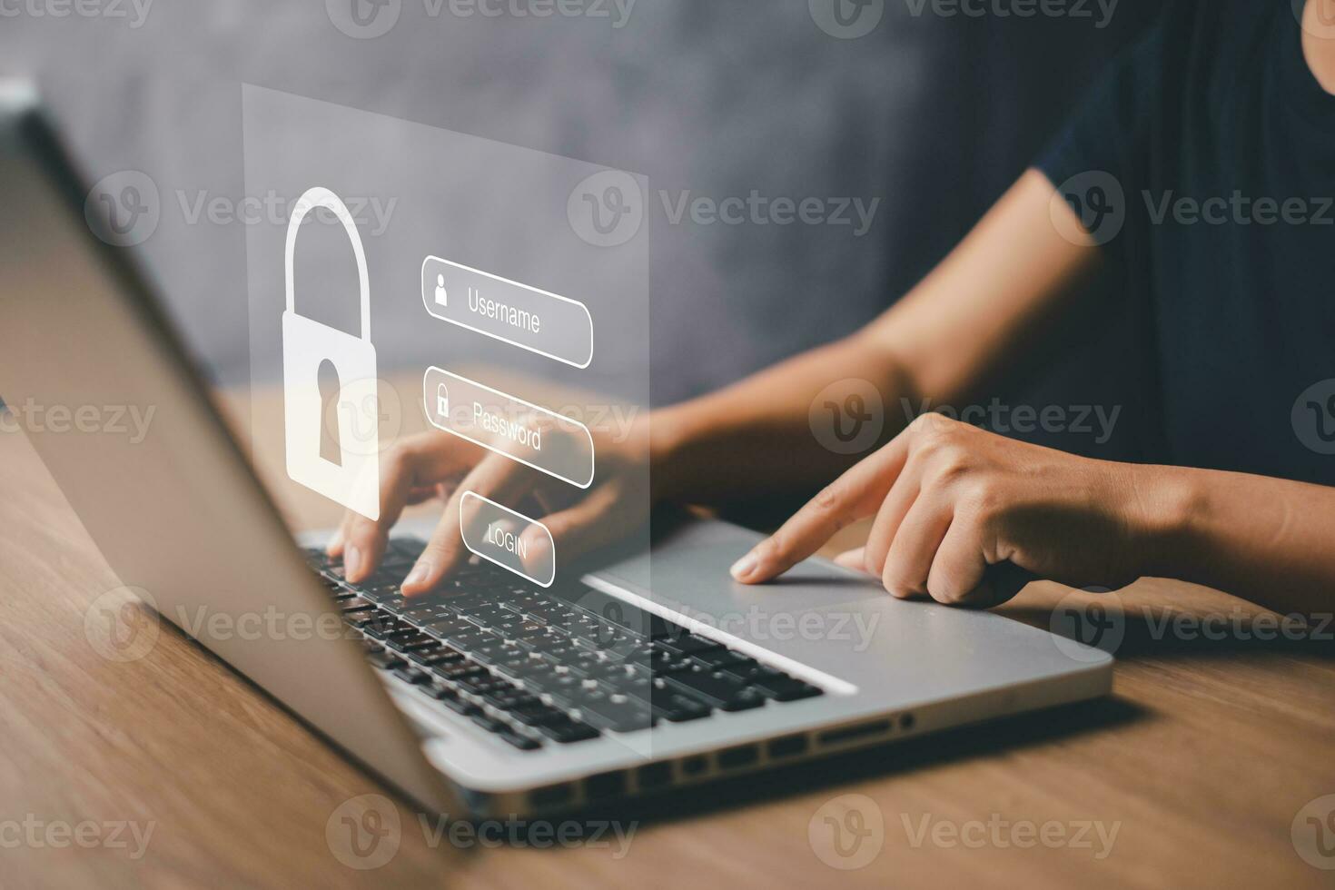 Woman hand typing on keyboard with login and password on screen display, cyber security concept, data protection and secured internet access. photo