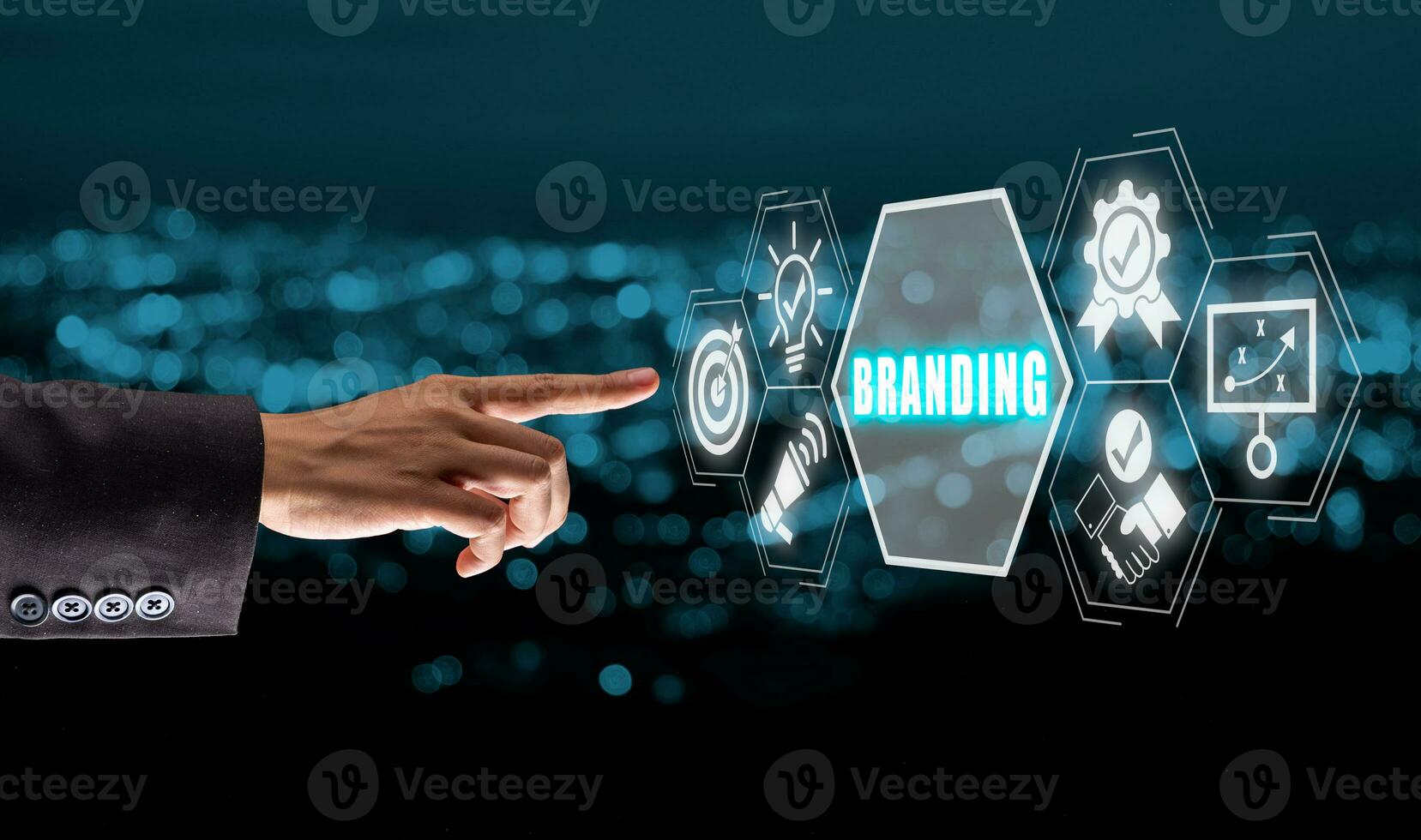 Branding concept, Businesswoman hand touching branding icon on virtual screen with blue bokeh background, catchy slogans, unique products, or excellent services. photo