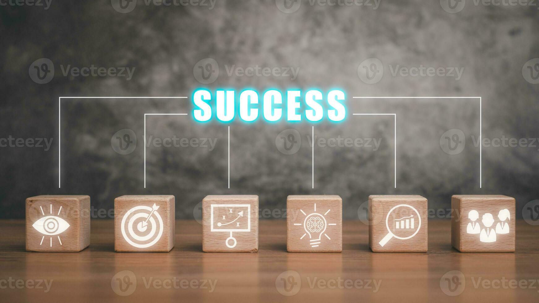 Success concept, Wooden block on desk with success icon on virtual screen, triumph or award winning, accomplishment for leadership success. photo