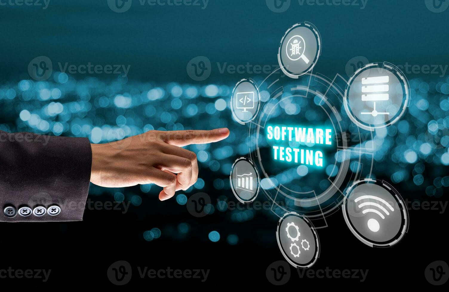 Woman Hand touching SOFTWARE TESTING inscription icon on VR screen, Business, modern technology, internet and networking concept. photo