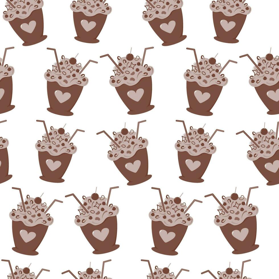 Seamless dessert pattern with cocktail straw, decoration and cream in monochrome trendy chocolate vector