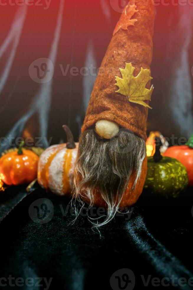 Halloween decorations background. Halloween Scary pumpkin head on wooden table Halloween holiday concept photo