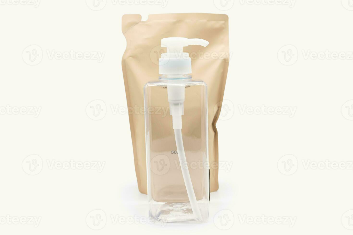 Plastic packaging for refill pouch and Plastic pump bottle in isolated background. Zero waste. Reuse reduce recycle concept. Refillable reusable personalised pump dispenser bottles. photo