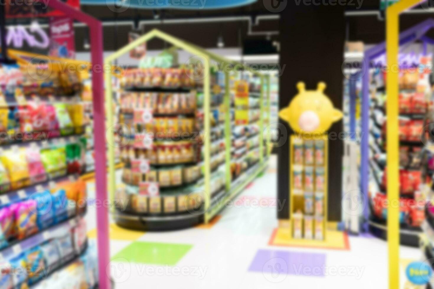 Abstract blurred supermarket aisle with colorful shelves in shopping mall interior for background, Blurred background and unrecognizable customers as background. photo