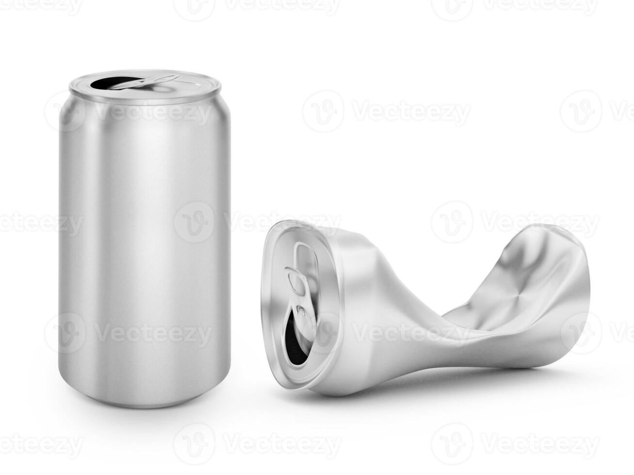 open can of beverage and Compressed cans isolated on a white background photo