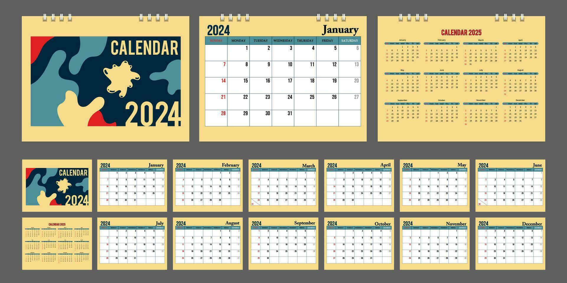 calendario planificador 2024, calendario mes calandrar, organizador modelo. semana empieza en domingo, vector ilustración.