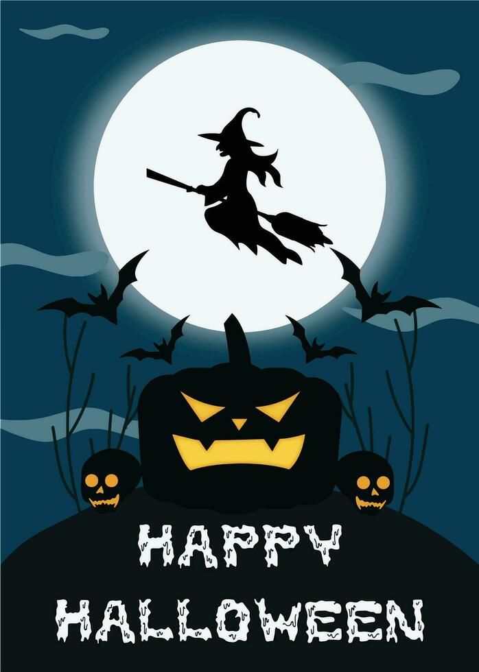 Halloween night, pumpkins, dark atmosphere, vector illustration