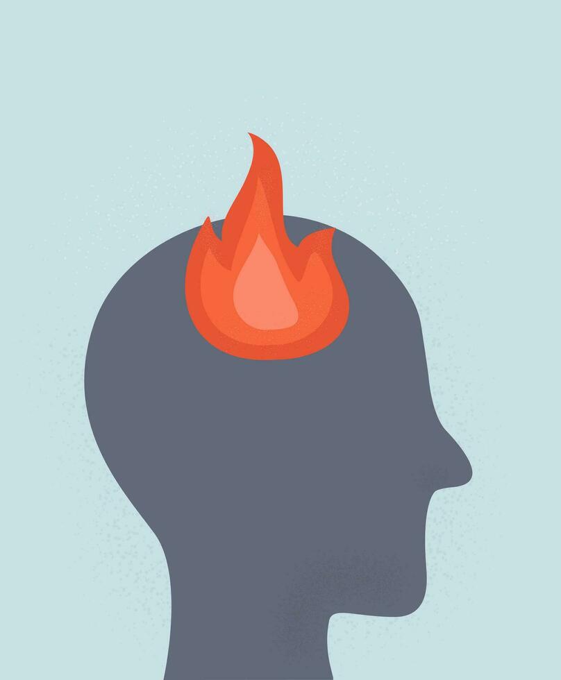 Burning brain or professional or emotional burnout. burning human head silhouette. vector