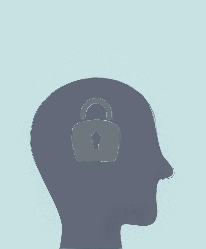 Silhouette  of human head with chained padlock. vector