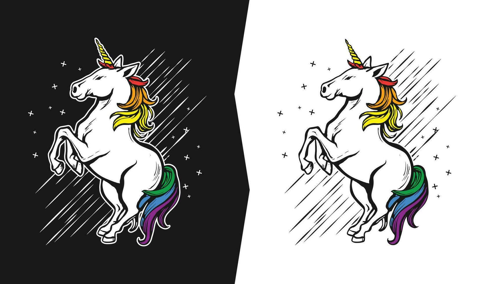 un unicornio en arco iris color camiseta logo diseño vector