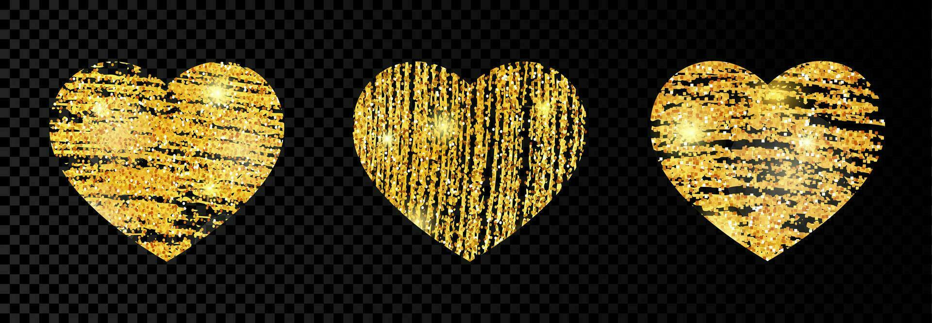Set of three heart with golden glittering scribble paint on dark background. Background with gold sparkles and glitter effect. Empty space for your text. Vector illustration