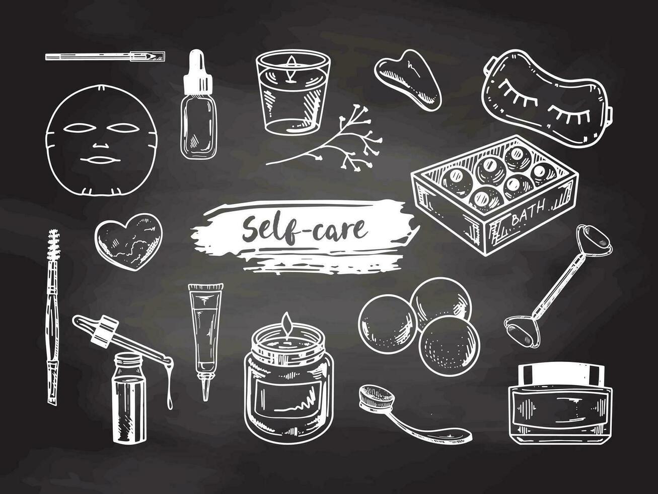 A set of hand-drawn doodle sketches of cosmetics, beauty, self-care elements on chalkboard background.  Illustration for beauty salon, cosmetic store, makeup design. Engraved image. vector