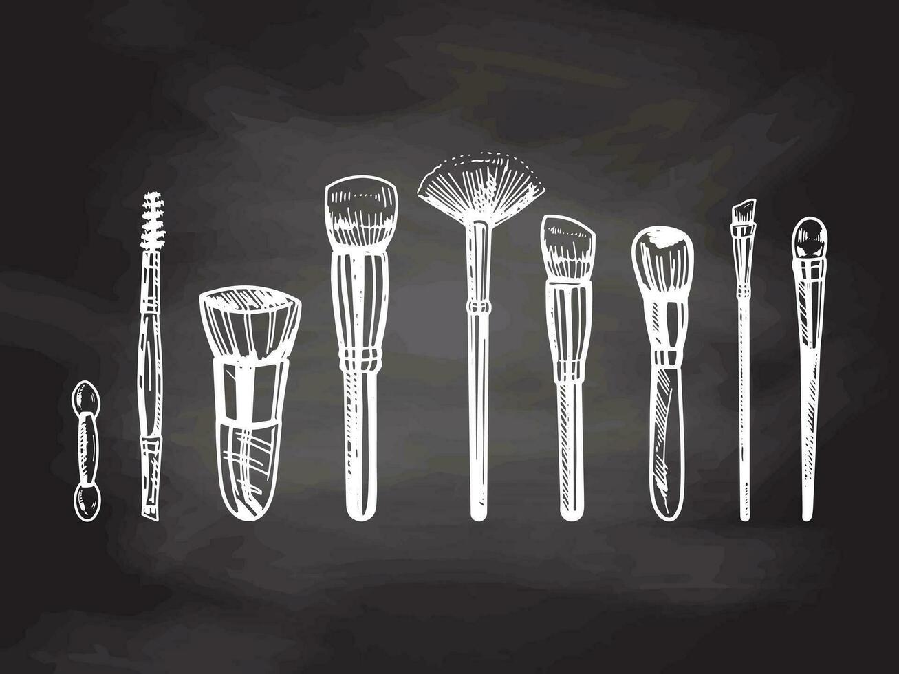 A set of hand-drawn doodle sketches of makeup brushes on chalkboard background.  Illustration for beauty salon, cosmetic store, makeup design. Engraved image. vector