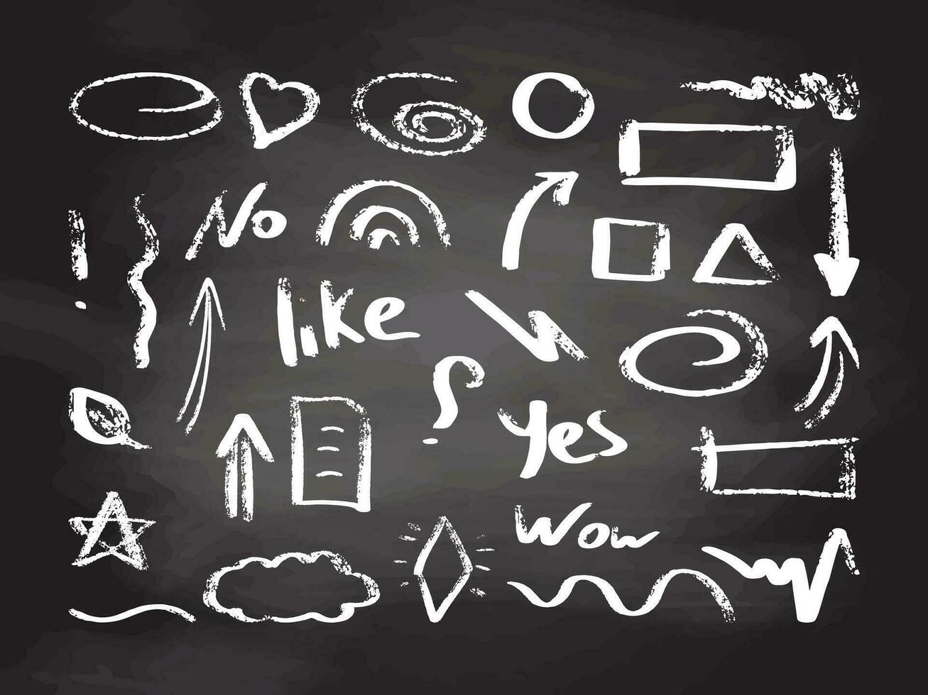 Simple sketch line style elements. Doodle cute ink pen line elements isolated on chalkboard background. Doodle arrow, heart, star decoration symbol icon set in grunge style. vector