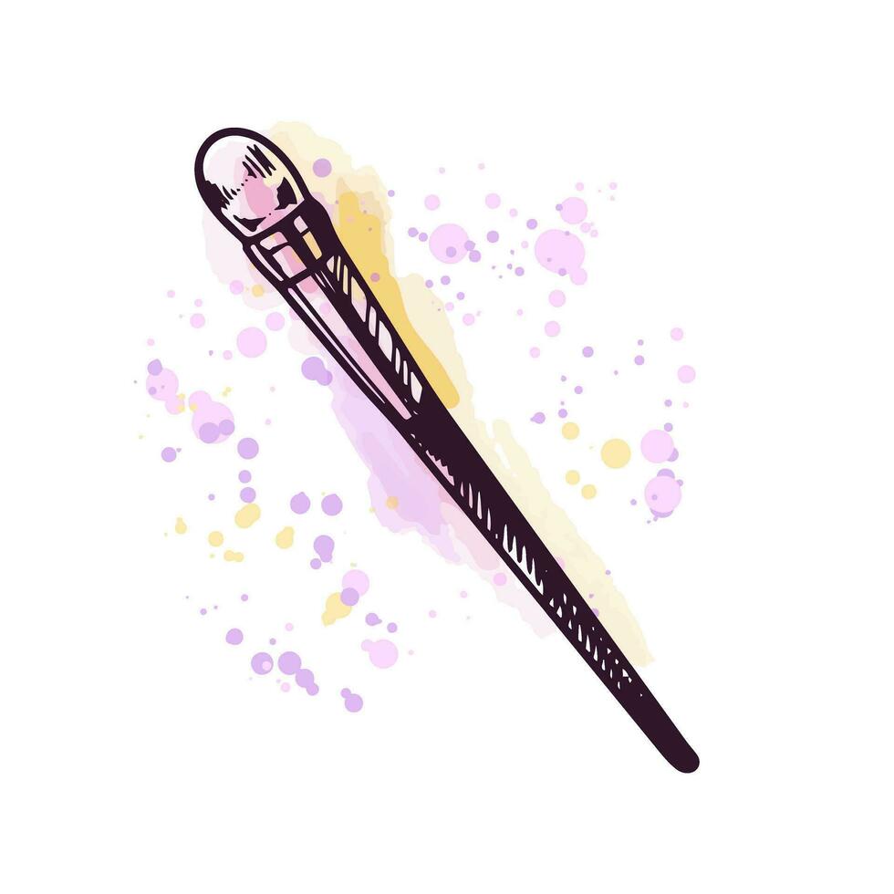 Hand-drawn cosmetic brush, beauty cosmetic element, self care. Illustration on a watercolor pastel background with splashes of paint. Useful for beauty salon, cosmetic store, makeup. Doodle sketch. vector