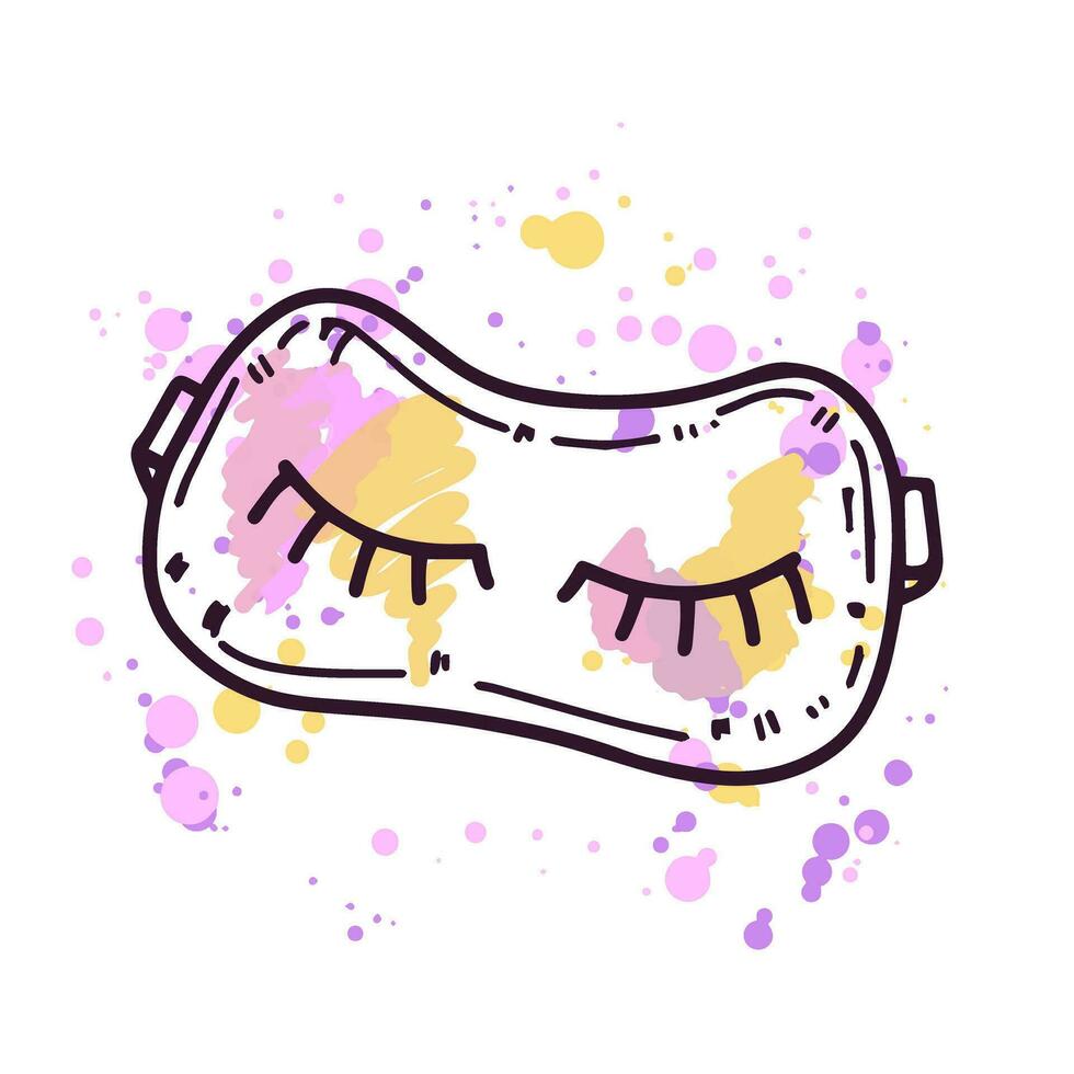 Hand-drawn eye mask for sleeping, beauty cosmetic element, self care, wellness. Doodle sketch style on a watercolor pastel background with splashes of paint. vector