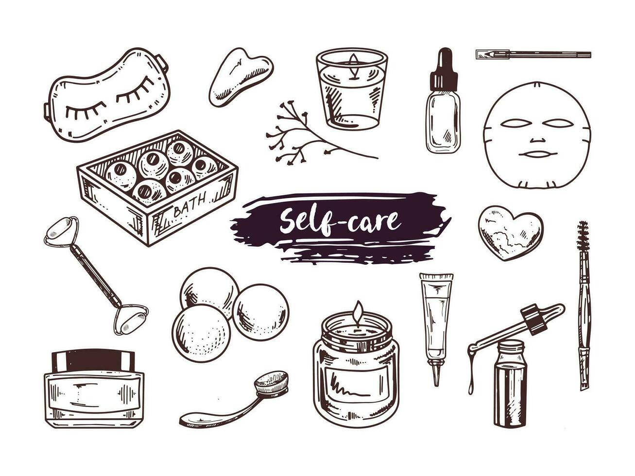 A set of hand-drawn doodle sketches of cosmetics, beauty, self-care elements.  Illustration for beauty salon, cosmetic store, makeup design. Engraved image. vector