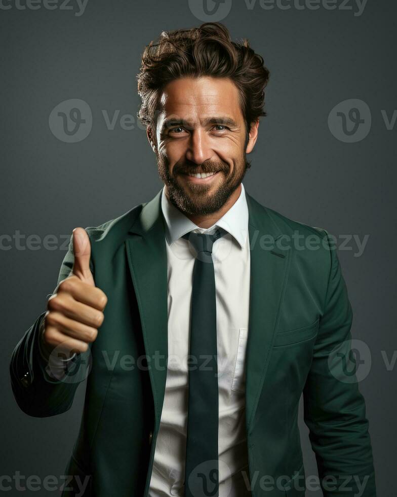 Business man happy and smiling it in work isolated background photo