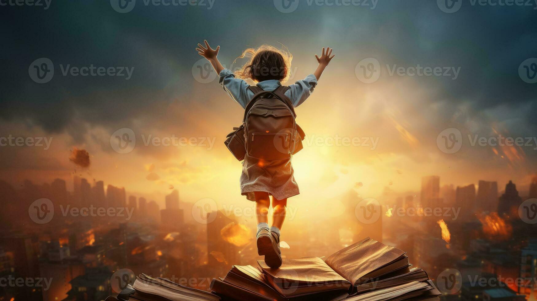 Happy smiling little boy sit on book of sunset sky , The development of the imagination of elementary school kids photo