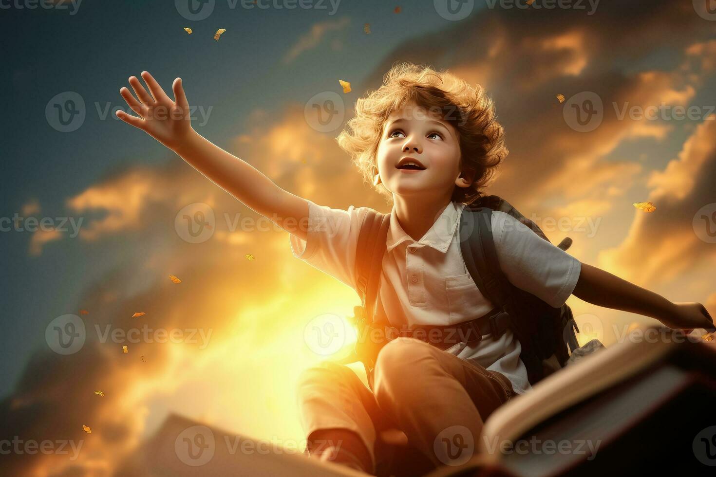 Happy smiling little boy sit on book of sunset sky , The development of the imagination of elementary school kids photo