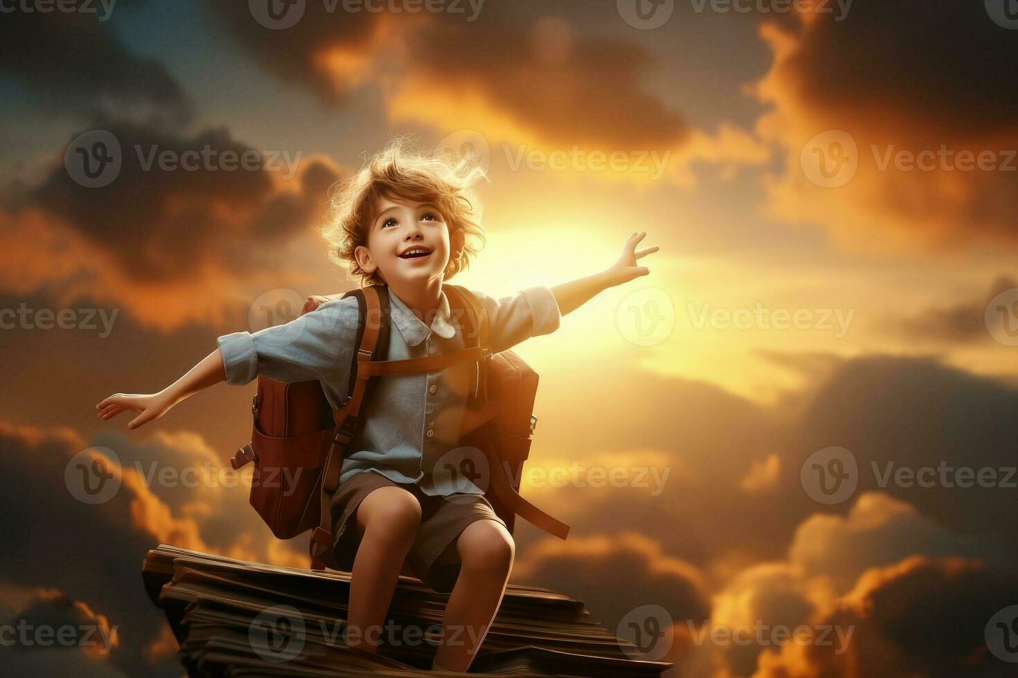 Happy smiling little boy sit on book of sunset sky , The development of the imagination of elementary school kids photo