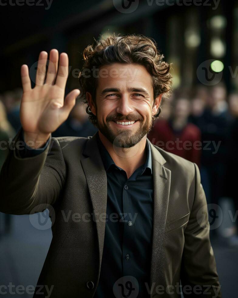 negocio hombre contento y sonriente eso en trabajo aislado antecedentes foto