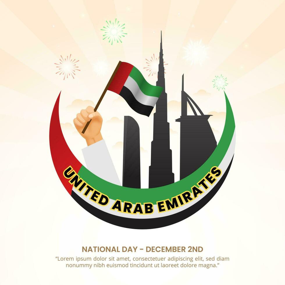 Square United Arab Emirates National Day background with a hand and waving flag vector