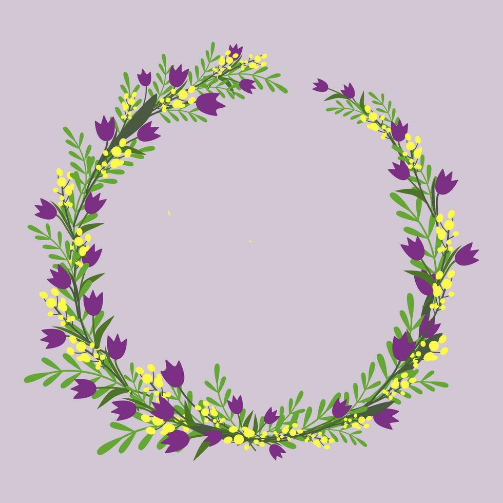 Vector tulips and mimosa wreath. Isolated on lilac background flowers and leaves. Can be used as greeting card, banner, invitation.