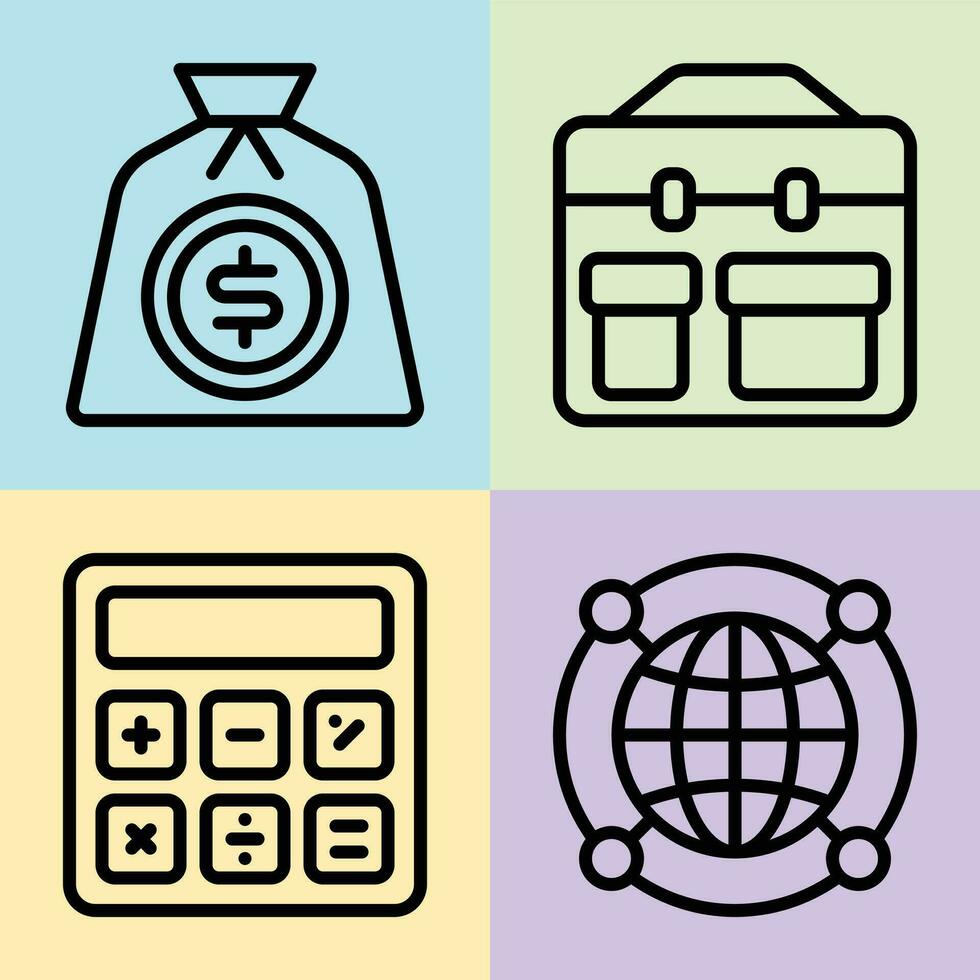 money bag dollar briefcase calculator and globe  vector line icon, suitable for business office work use.