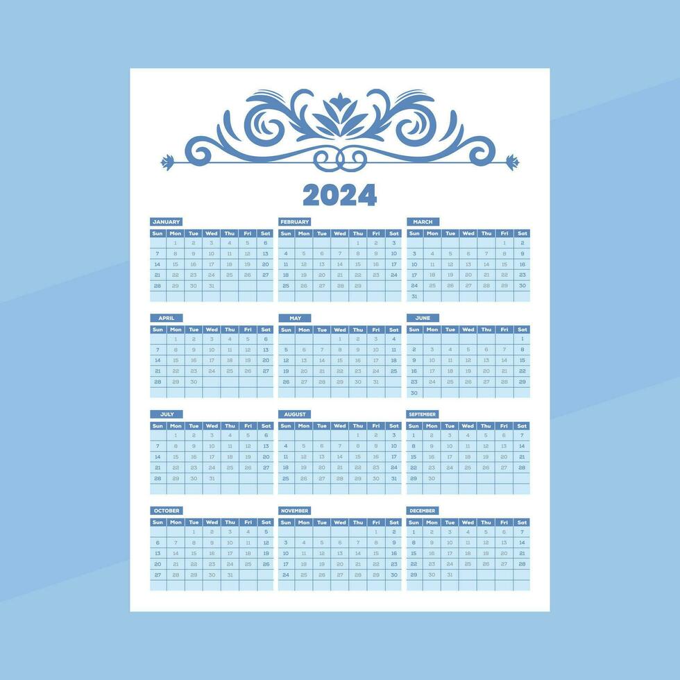 Wall Calendar 2024, Monthly Calendar Template, One Page Wall Calendar 2024, 2024 New Year Wall Calendar Template, corporate Calendar design, 12 month calendar vector