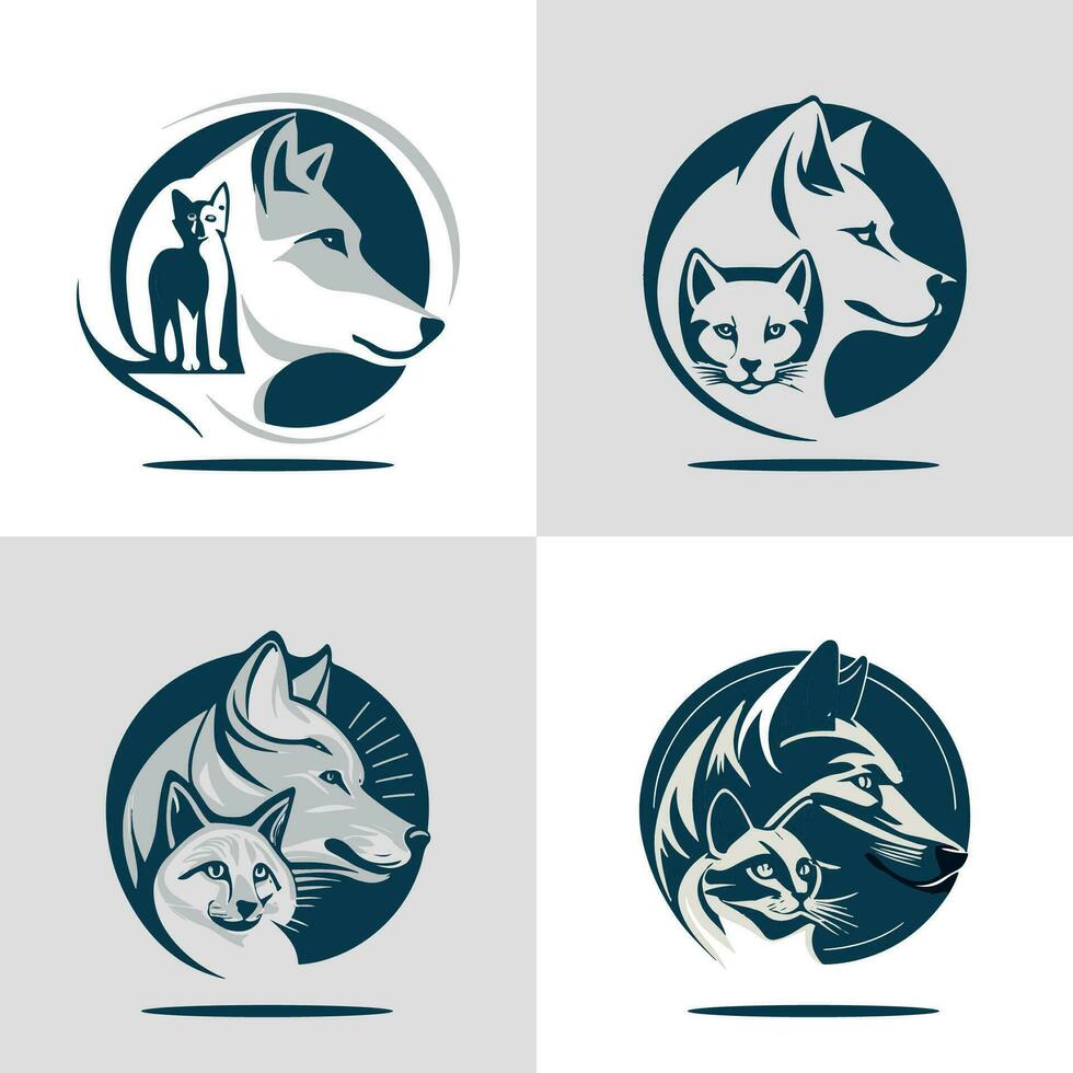 cuatro diferente perro y gato logotipos, lobo cabeza vector ilustración. lobo gato Clásico logo valores vector, grupo de lobo y gato logo diseño con Mira reenvío
