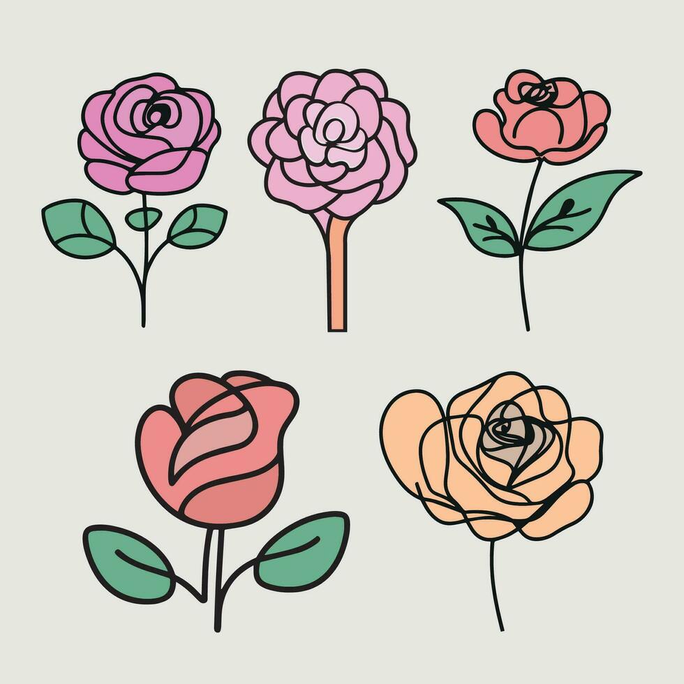 un conjunto de cuatro diferente rosas, uno con hojas y uno sin, salvaje flores vector recopilación, hierbas, herbáceo floración plantas, floreciente flores, mano dibujado detallado botánico vector ilustración