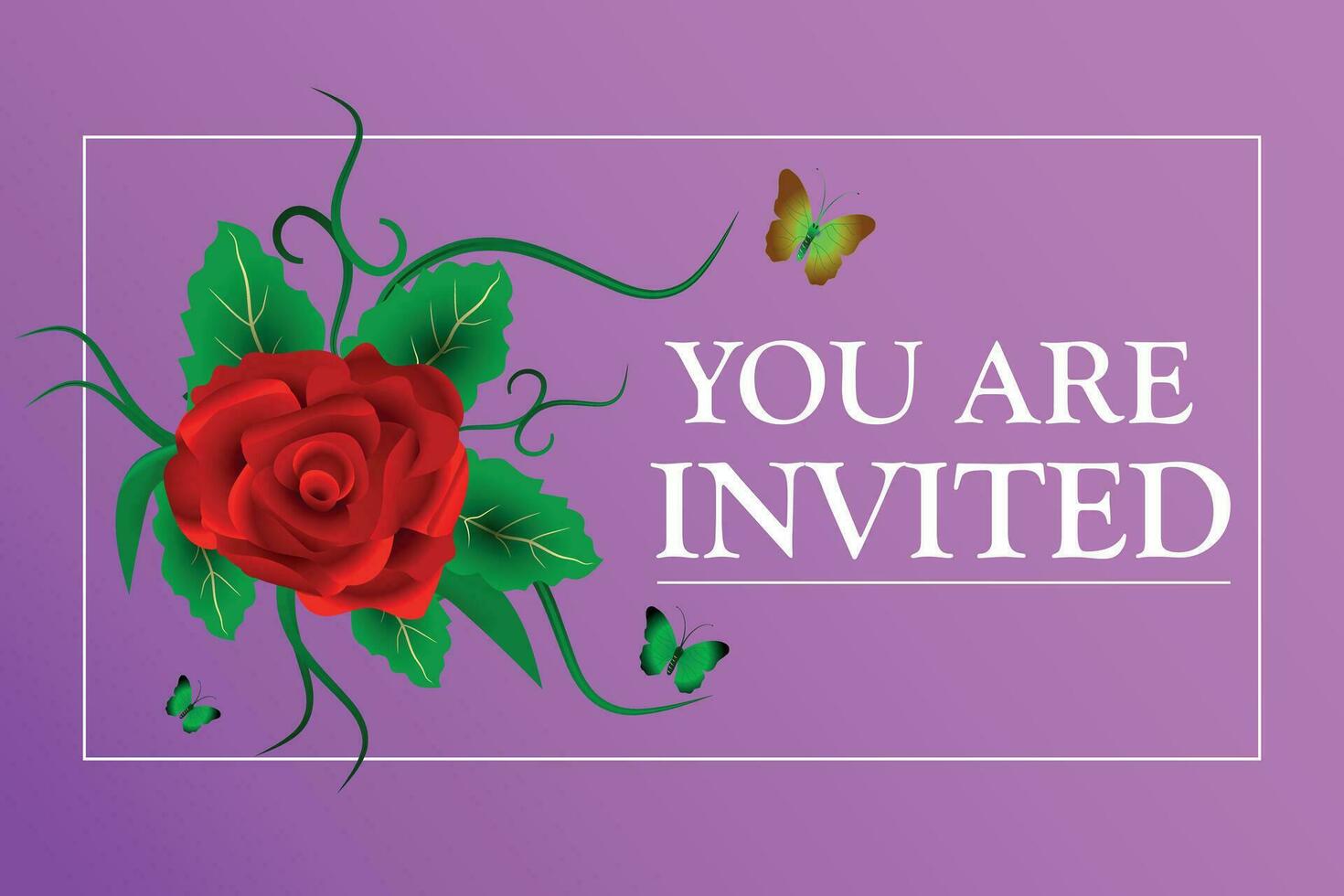 Invitation . Floral style business card design template with rose and glitter butterflies. Invitation design on pink background. Vector illustration.