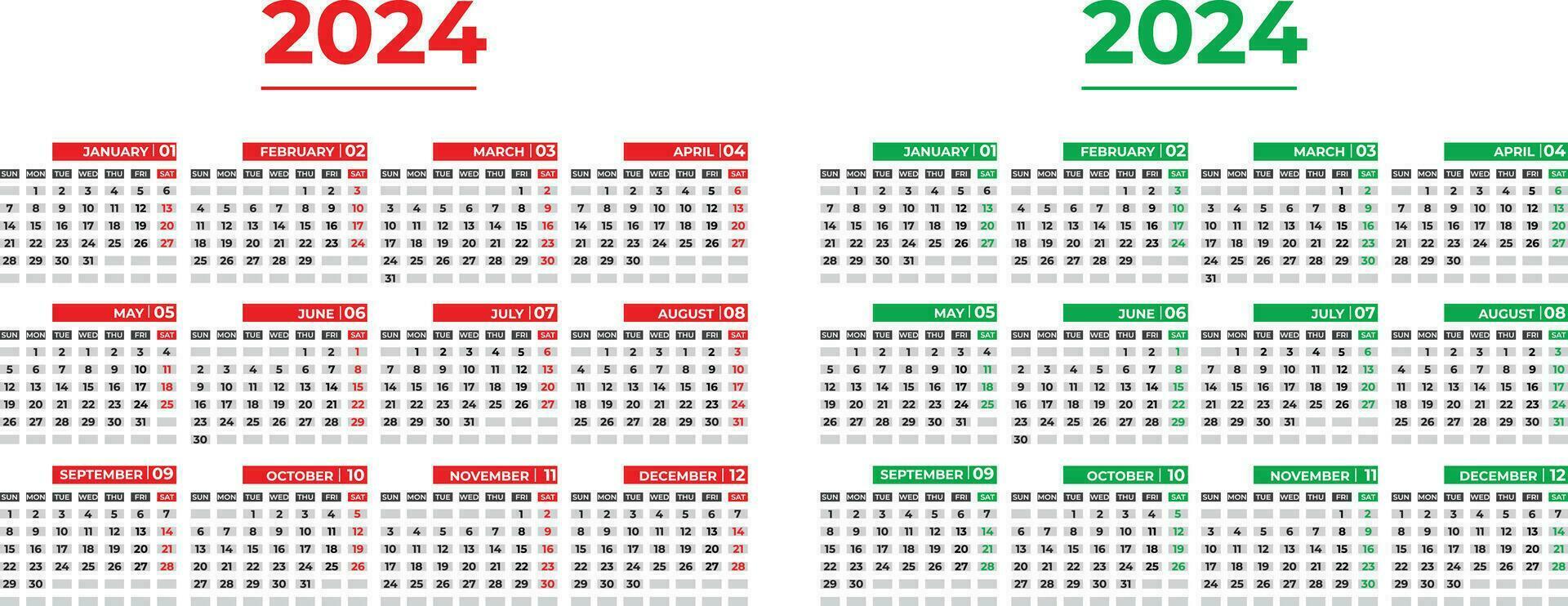 Calendar 2024 week starts Sunday corporate calendar design planner template. with 2 color variations. vector