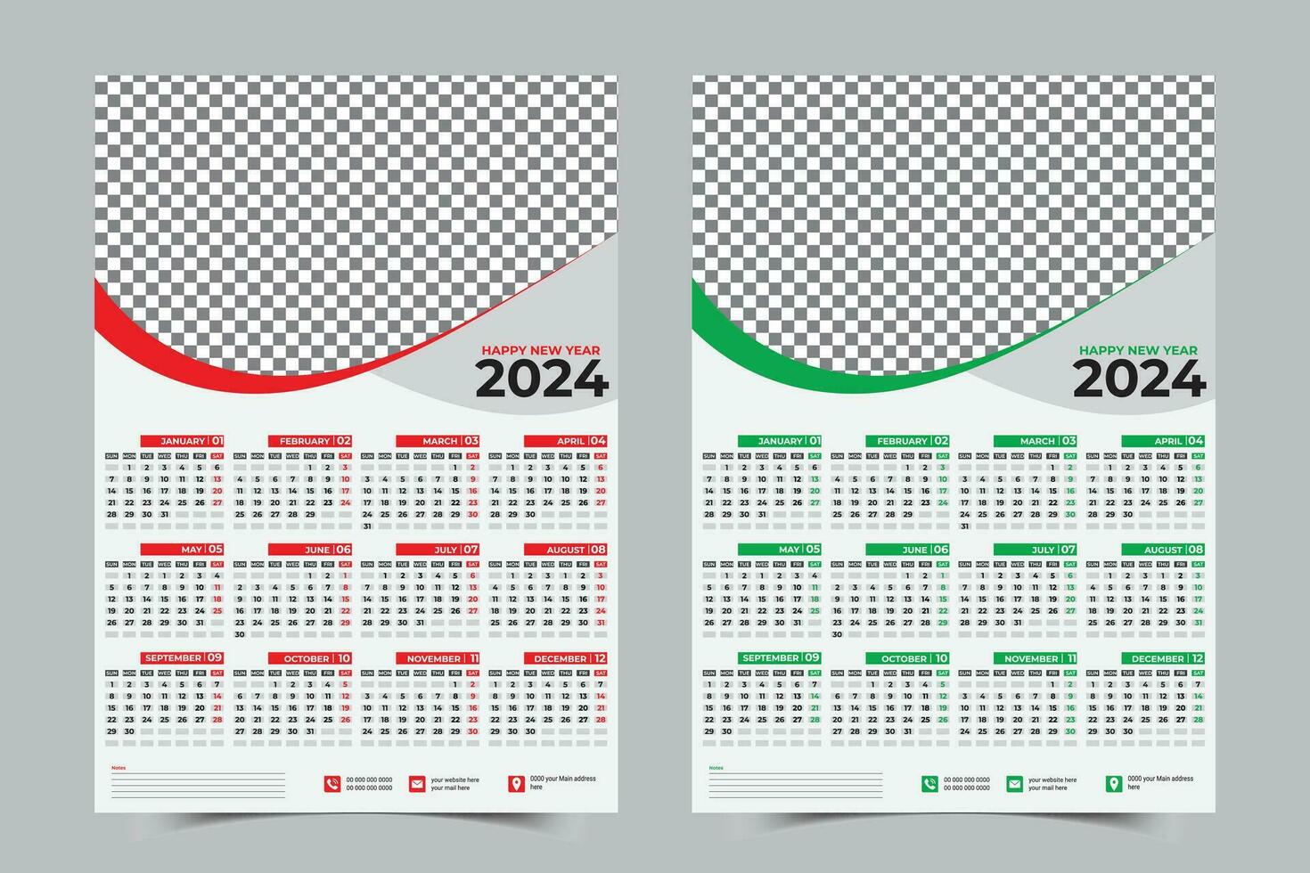 Calendar 2024 week starts Sunday corporate wall calendar design planner template. with 2 color variations. vector
