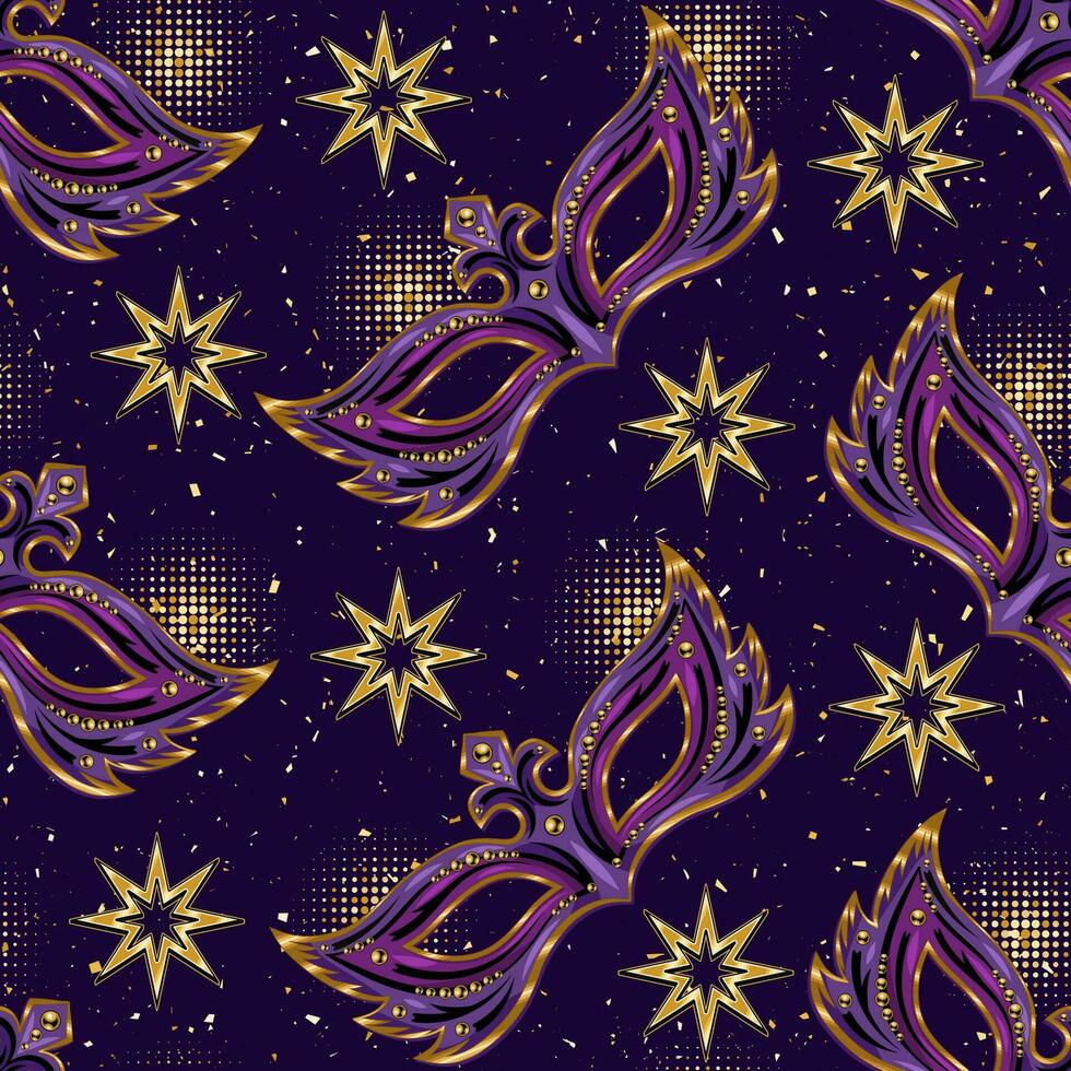 Pattern with carnival purple mask, golden stars vector