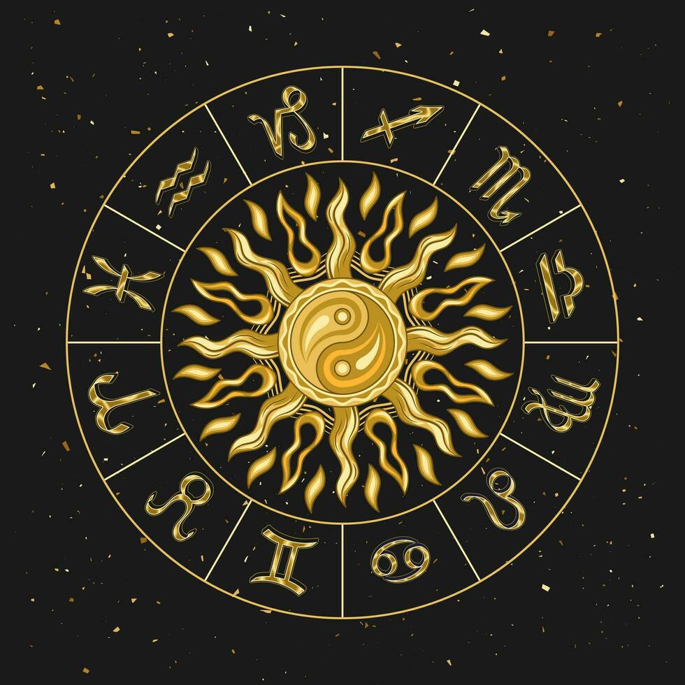 Horoscope wheel with zodiac signs, sun vector