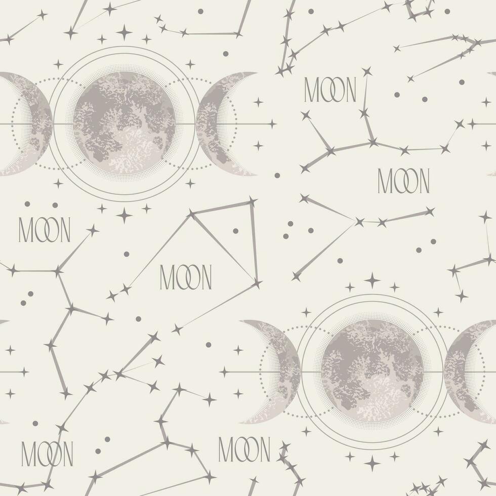 Seamless pattern with moon, crescent, stars, triple moon sign and zodiacal constellations. Wicca moon goddess symbol. Astrology, alchemy, boho, magic, mystery concept. Monochrome detailed illustration vector