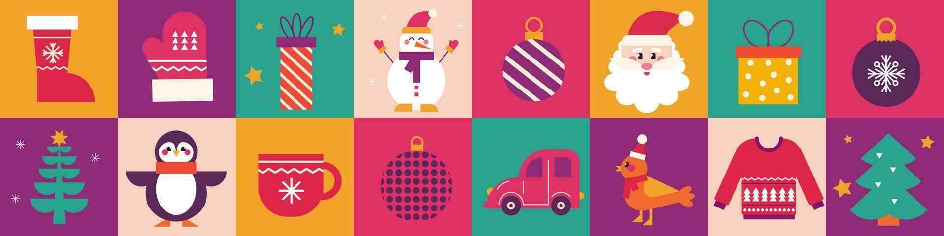 Christmas trendy design, christmas tree, gifts, winter elements and new years decorations. Vector illustration in flat geometric style