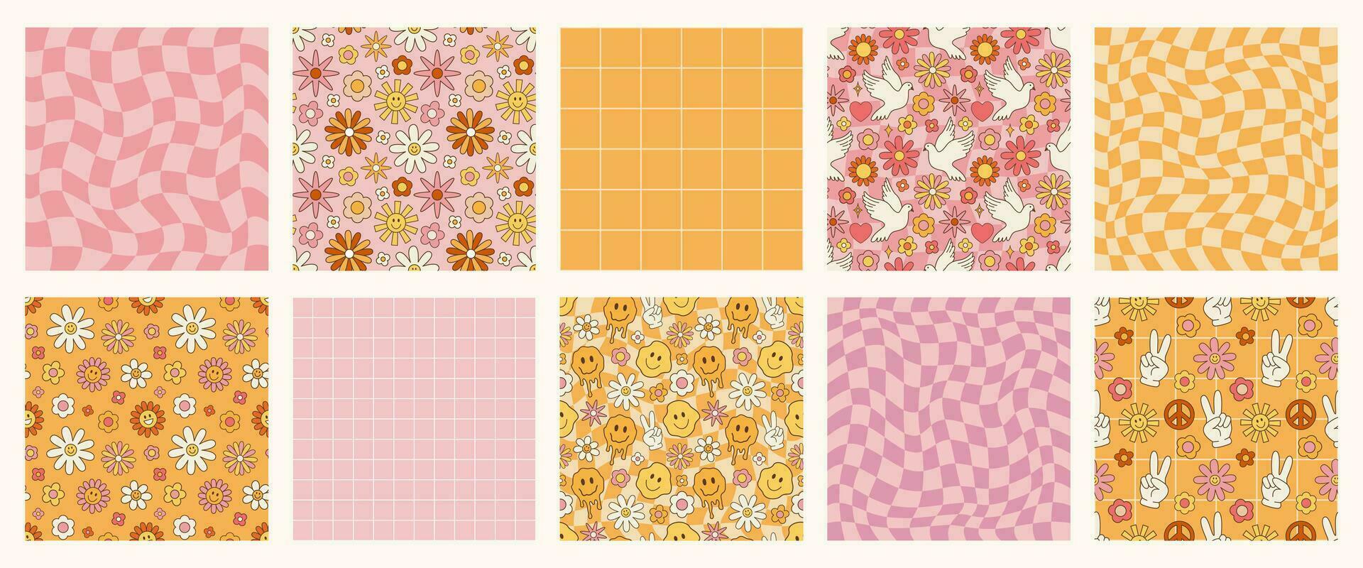 Retro psychedelic set 60s 70s vector seamless patterns, groovy hippie style background. Cartoon print with flowers, checkerboard