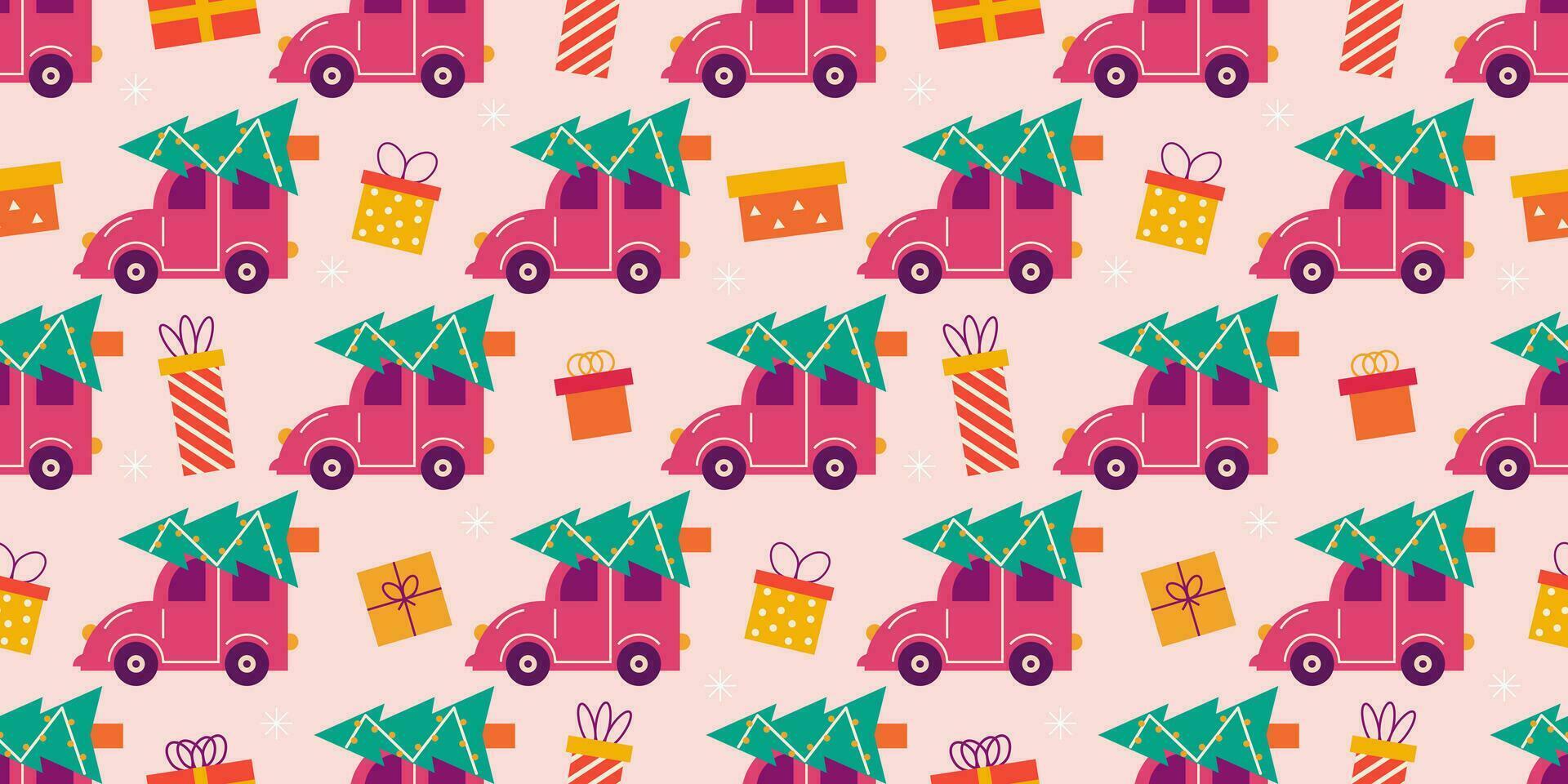 Car with Christmas tree, gifts and snowflakes. Vector seamless pattern, festive background
