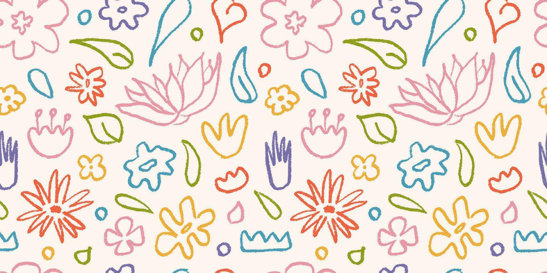 Seamless pattern hand drawn in color brush linear flowers. Abstract modern background with plants vector
