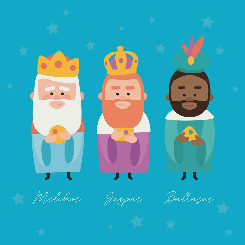 Three funny wise men. Names of Kings of orient written in spanish. Chritsmas postal vector