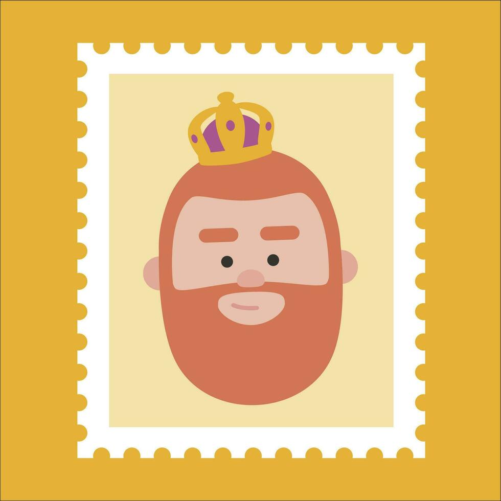 King Gaspar yellow postage stamp. Christmas ornament isolated vectorized. Magi, wise man vector