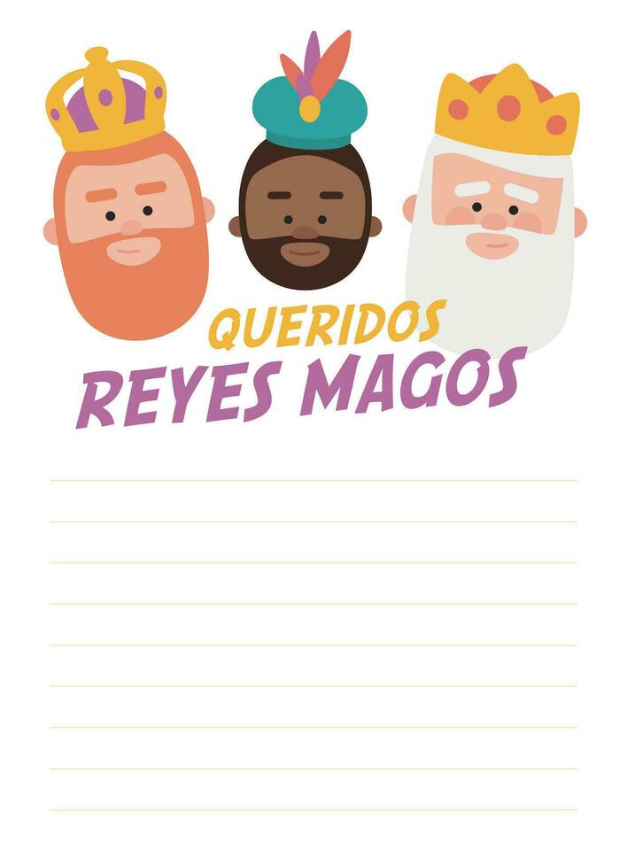 Funny vectorized letter. Dear wise men, written in Spanish. Kings of orient vectors