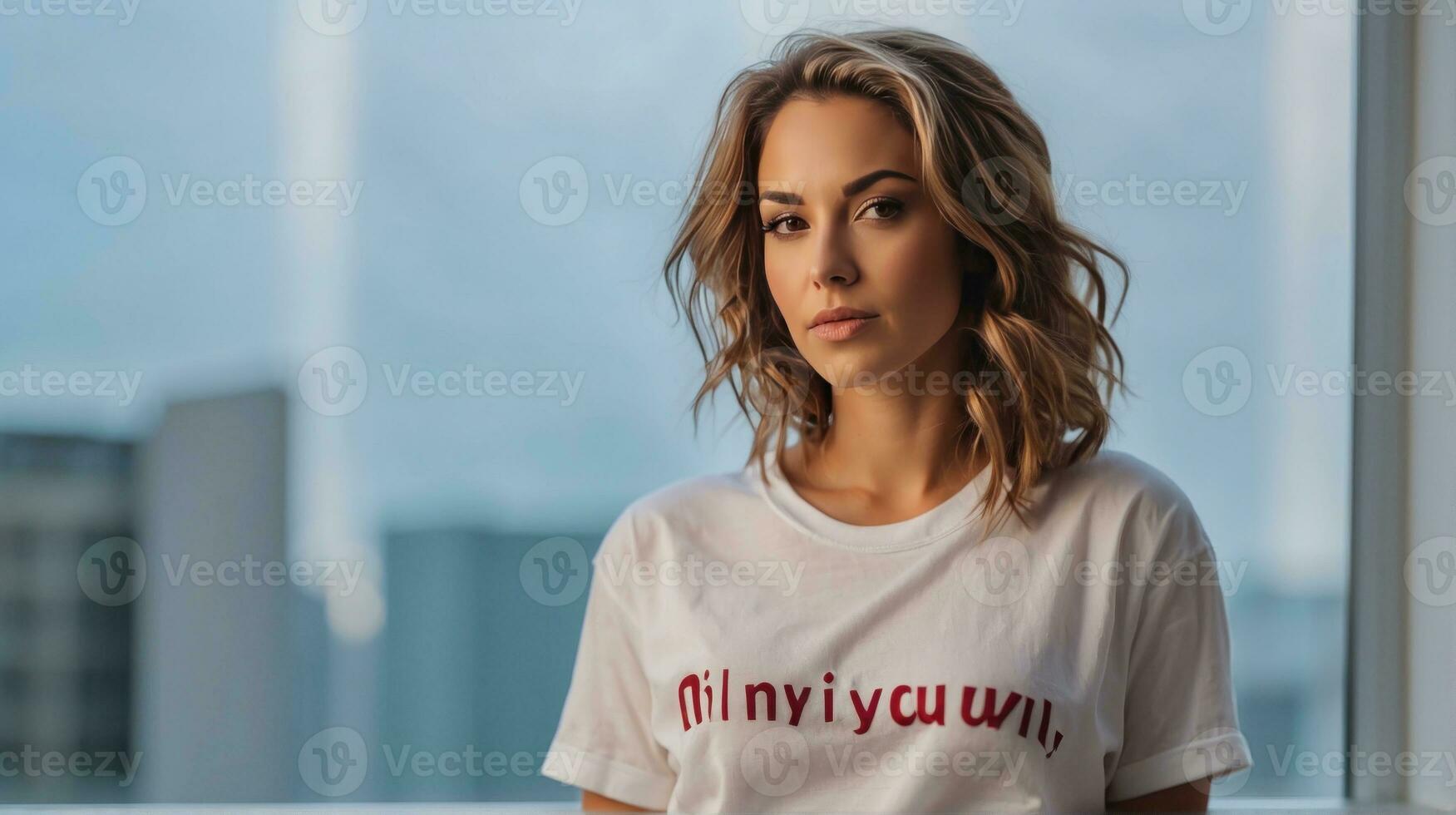 portrait of beautiful women near blue window AI Generative photo