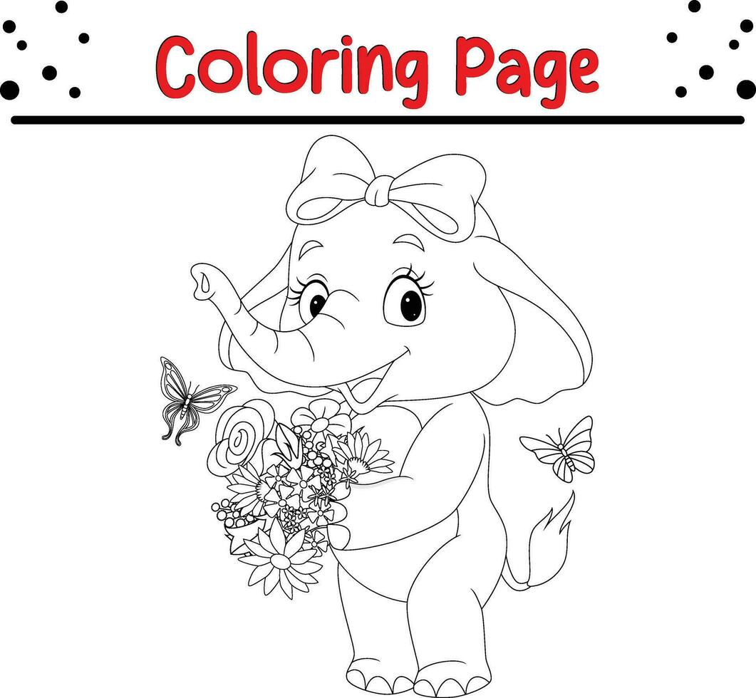 cute elephant cartoon holding flowers coloring page Vector illustration