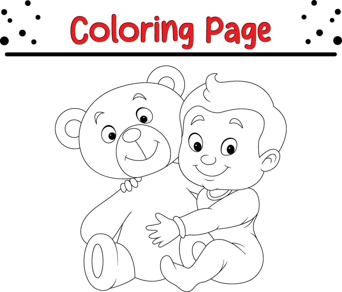 little baby with teddy bear coloring book page Vector illustration