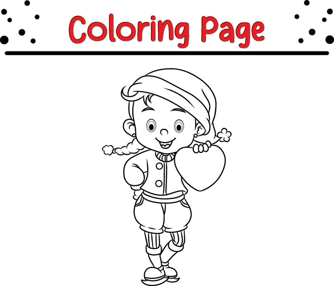 Cute boy holding love heart coloring page for children. Vector illustration coloring book.